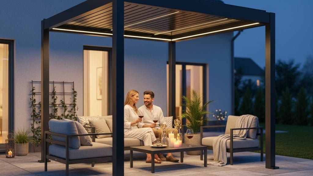 Pergola mit Lamellendach einstellen: Winkel für Sonne, Regen und Wind