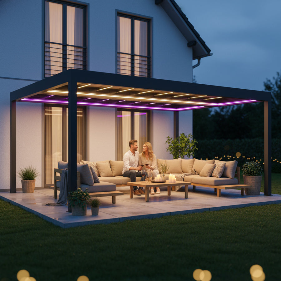 SkyPergola SkyGrand Master Aluminium-Pergola 5x7m Anthrazit mit RGB-Beleuchtung, Terrasse am Abend
