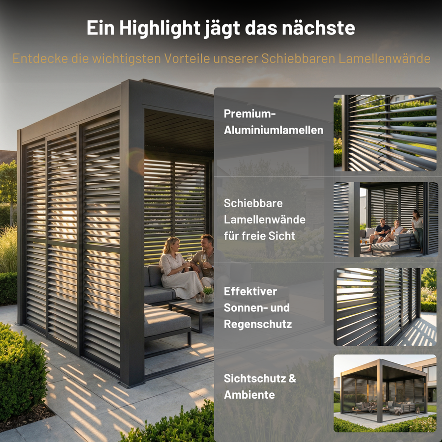 SkyPergola Schiebbare Lamellenwand mit Premium-Aluminiumlamellen, Sonnenschutz und Sichtschutz