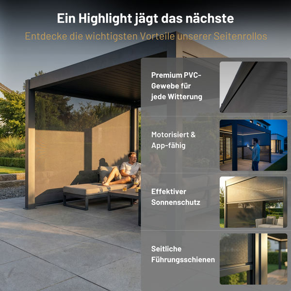 SkyPergola Seitenrollo mit PVC-Gewebe, motorisierter App-Steuerung und seitlichen Führungsschienen