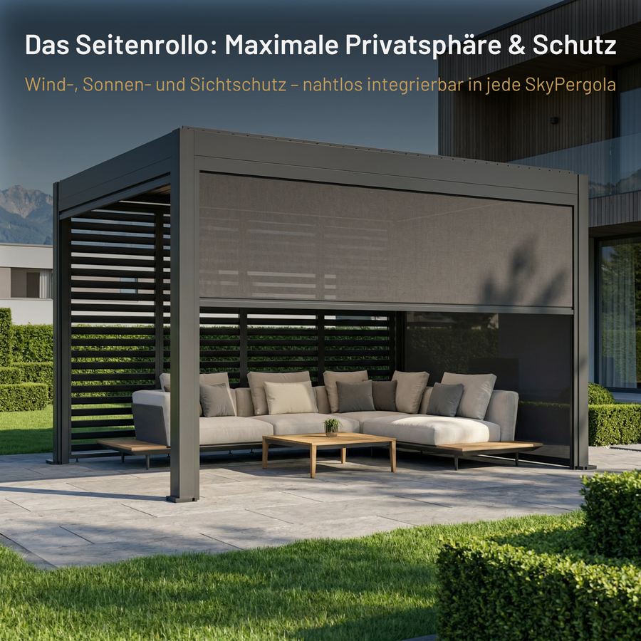 SkyPergola Seitenrollo Wind-, Sonnen- und Sichtschutz für Pergola, integriert in Terrassenlounge