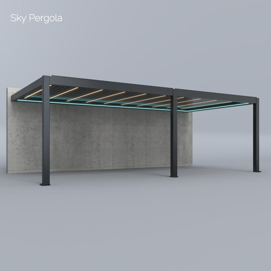SkyPergola SkyMax Ultra Aluminium-Pergola 3x7m Wandmontage, 3D-Rendering mit LED-Lamellen