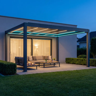 SkyPergola SkyMax Ultra Aluminium-Pergola Anthrazit mit RGB-Rahmen und LED-Lamellen