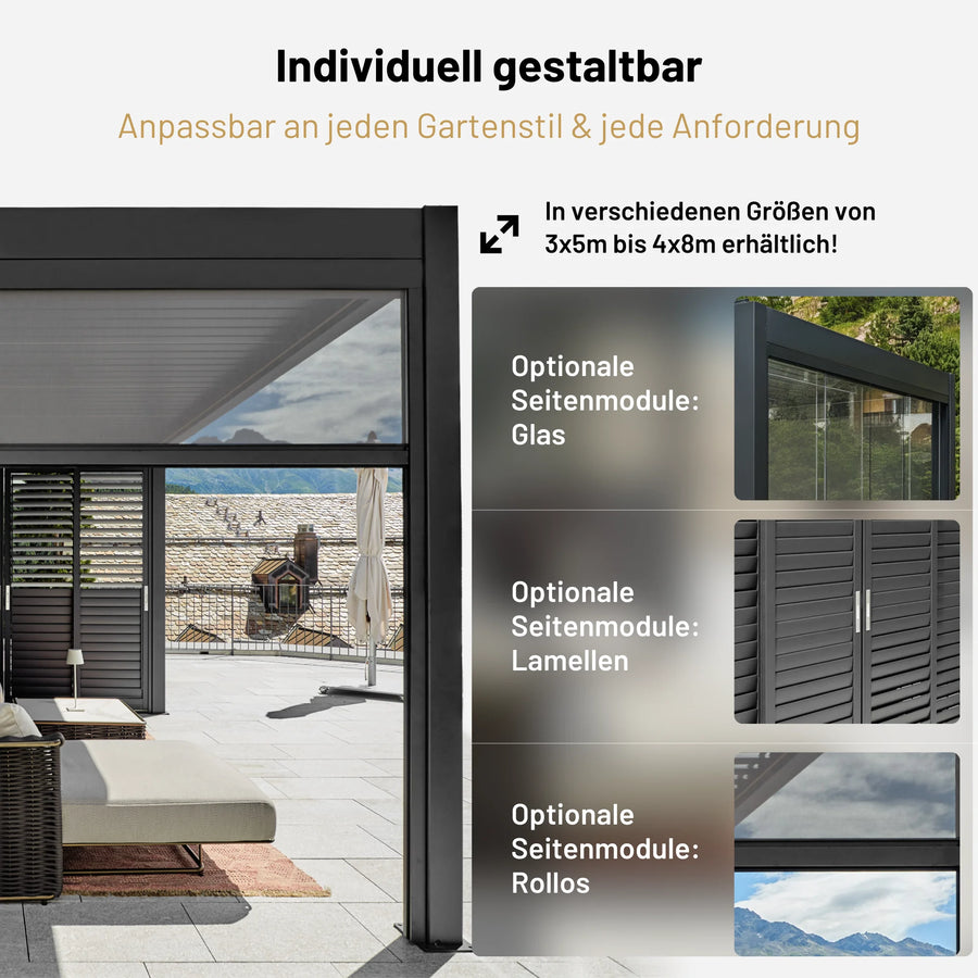 SkyPergola SkyMax Ultra Aluminium-Pergola mit optionalen Seitenmodulen aus Glas, Lamellen und Rollo, erhältlich 3x5m bis 4x8m