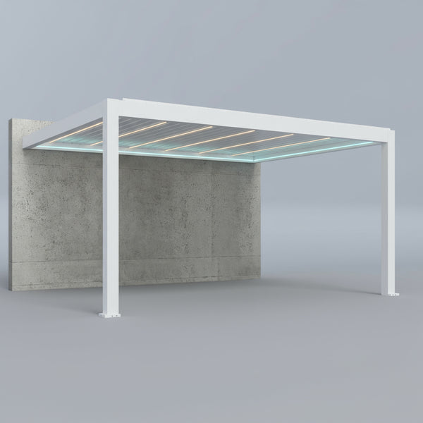 SkyPergola SkyMax Ultra Aluminium-Pergola Weiß Wandmontage, 3D-Rendering mit LED-Lamellen