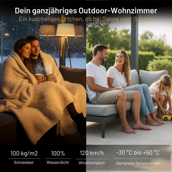 SkyPergola Wintergarten ganzjährig nutzbar, wetterfest bis 120 km/h Wind und 100 kg/m² Schneelast