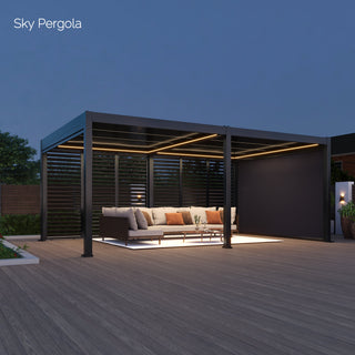 Display model: SkyMotion LED Aluminium Pergola 4m x 5m motorised (LED in frame only)